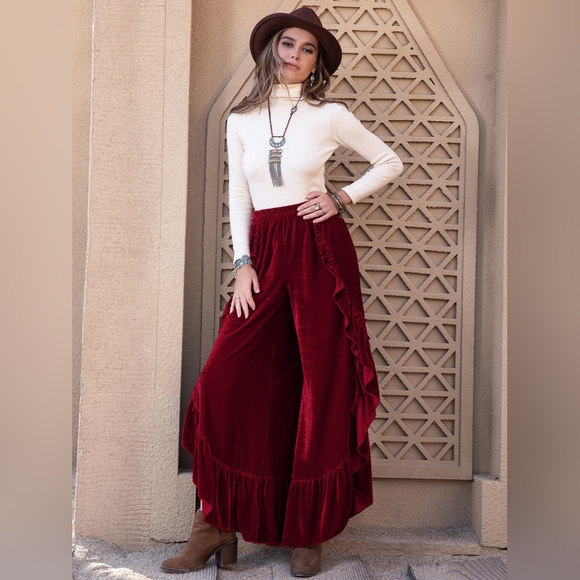 Pants - Slit Ruffled Wide Leg Pants